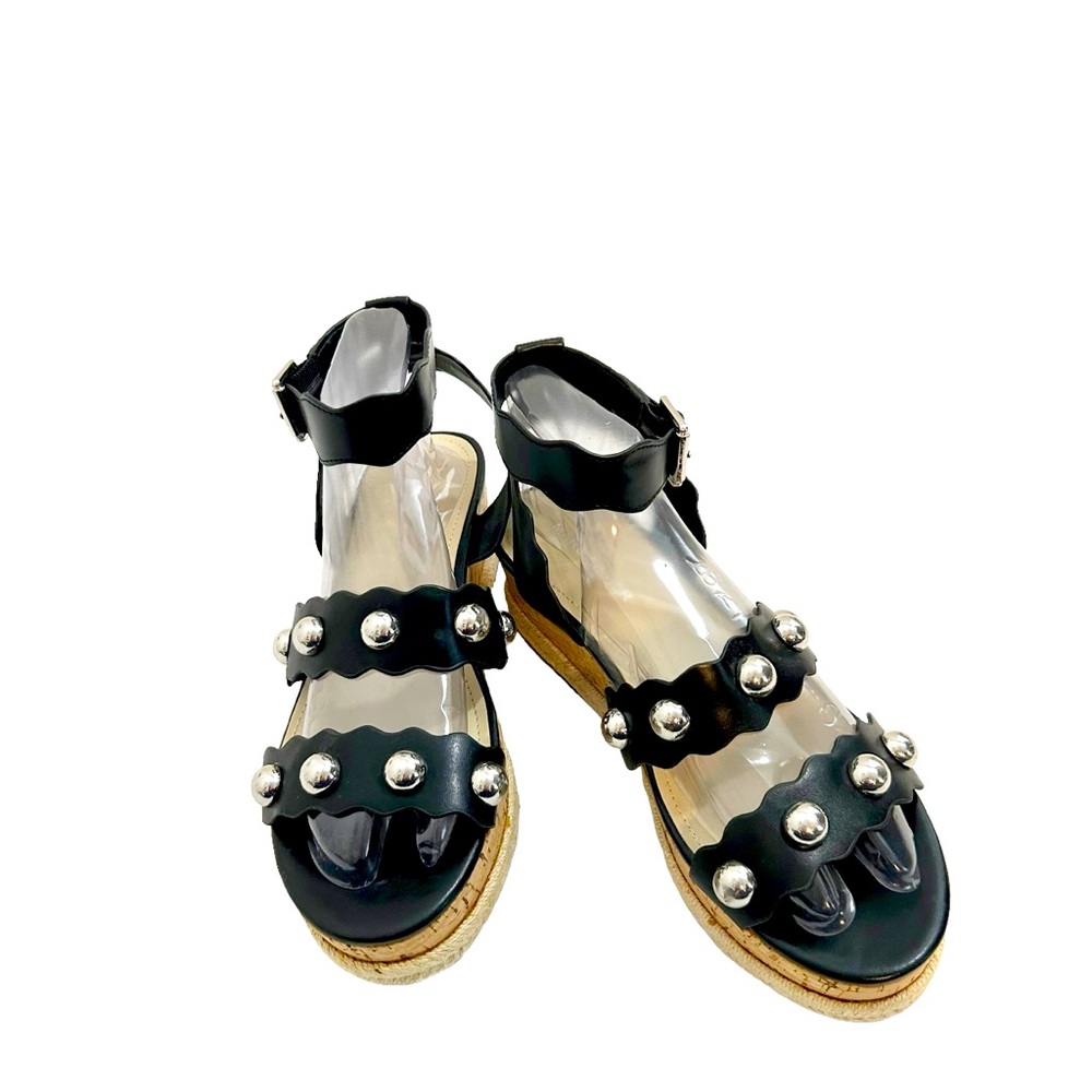 Marc Fisher Black With Silver Metal Studs Faythe Ankle Strap Wedge Sandals, 8